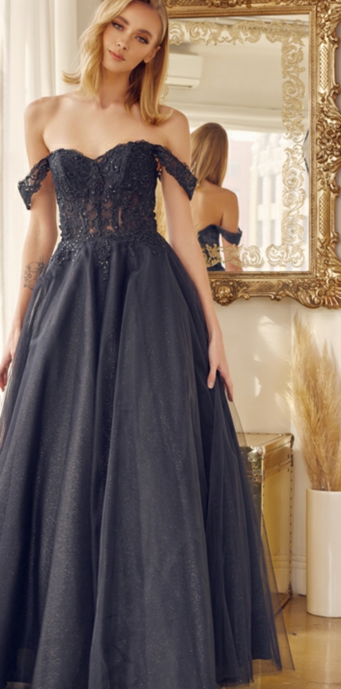New long navy, royal, yellow, off the shoulder embroidered tulle ball gown dress - Picture 7 of 13